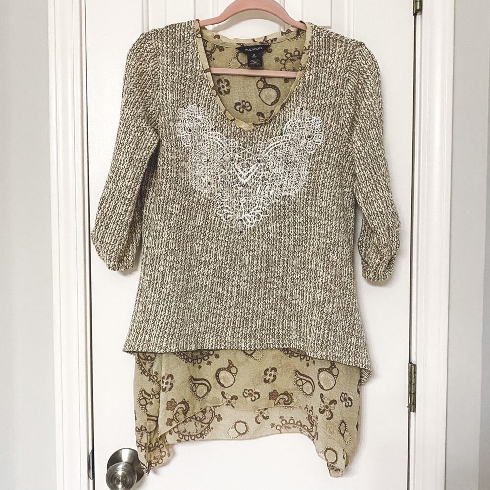 MULTIPLES • Tan Embroidered Double Layer 3/4 Sleeve Top